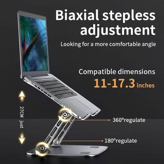 Laptop stand with adjustable angles and compatibility details on a dark background