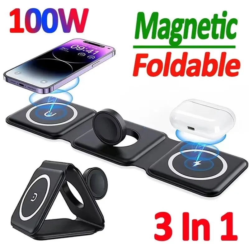 Wireless Charger, Magnetic Folding 3-in-1 Wireless Charging Station Suitable for iPhone 16/15/14/13/12 Series ,iwatch, AirPods