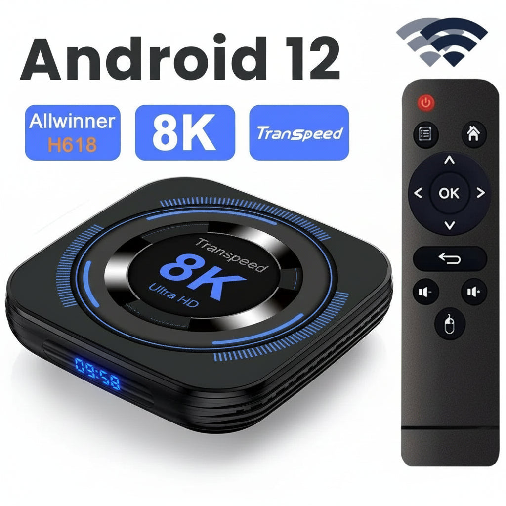 8K streaming device with Android 12 branding, remote control, and key features highlighted.