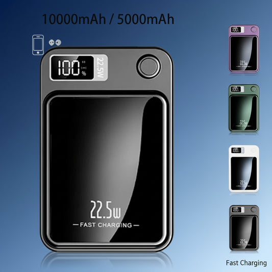 Black power bank with digital display and charging information on a white background